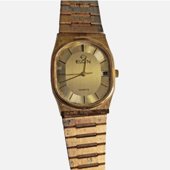 Vintage Elgin Tonneau Barrel Watch Men Gold Dial New Battery Working - Picture 1 of 8